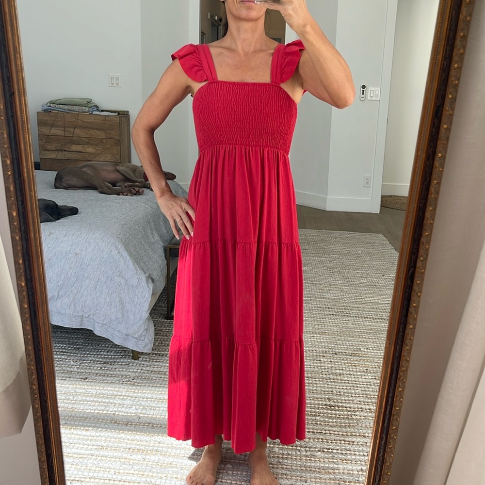 Red linen like smock top maxi